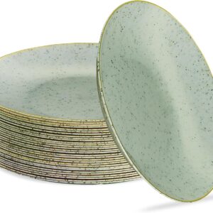 PLASTICPRO 30 Pack Disposable Plastic Plates Heavyweight Granite Look Elegant 7 inch Dinner Plates Green with Gold Rim