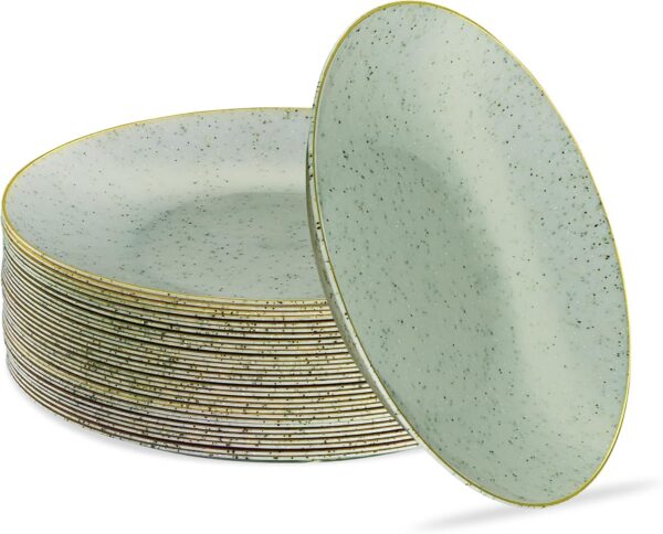 PLASTICPRO 30 Pack Disposable Plastic Plates Heavyweight Granite Look Elegant 7 inch Dinner Plates Green with Gold Rim