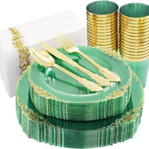 Hioasis 175pcs Clear Green Plastic Plates - Green Gold Plastic Plates Disposable