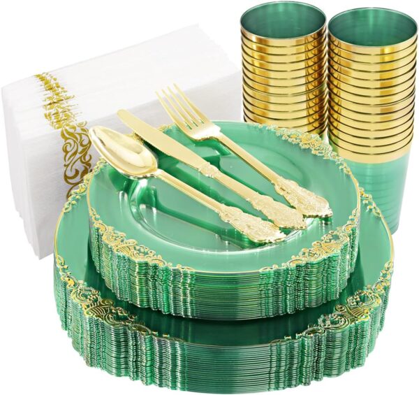 Hioasis 175pcs Clear Green Plastic Plates - Green Gold Plastic Plates Disposable