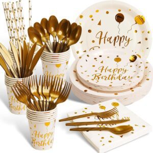 200 pieces of white and gold birthday party supplies