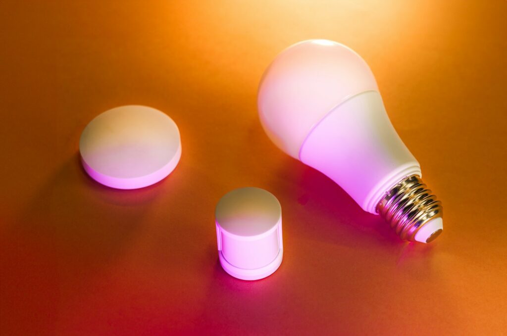 a close up of a light bulb on a table